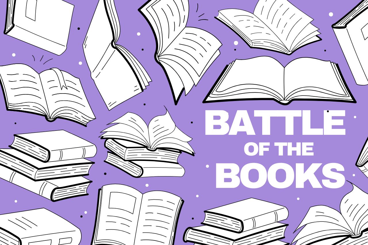 Open books on purple background with title Battle Of The Books