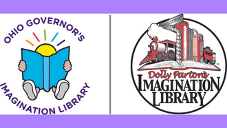 Ohio Governor's Imagination Library has a child reading a book and Dolly Parton's Imagination Library graphic has books with train bookends
