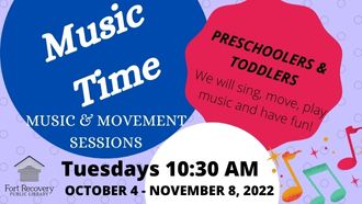 Music time for preschoolers and toddlers Tuesdays at 10:30 AM Oct 4 - nov 8