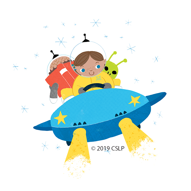 cartoon child in spaceship with book