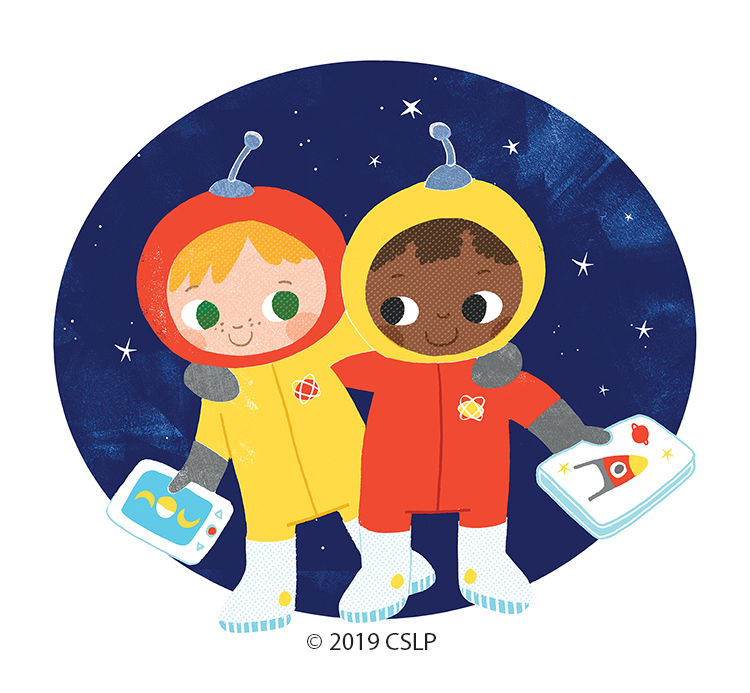 Two children as astronauts with books
