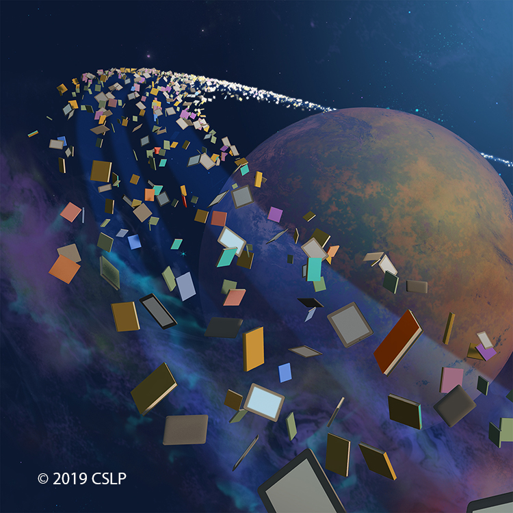 Planet with books floating in a ring around it