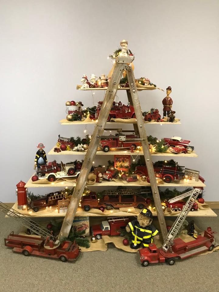 Ladder Christmas Tree with Fire trucks